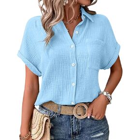 Short Sleeve Shirts for Women V Neck Collared Button Down Tops Casual Texture Lightweight Loose Fitted Blouses