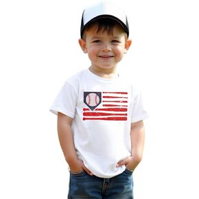 MODNTOGA Toddler Boy Baseball Shirt Baseball Bat Flag Print T-Shirt Short Sleeve Sports Fans Tee USA Patriotic Summer Tops