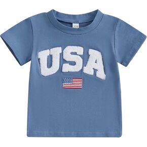 Toddler Boy Girl 4th of July Shirt USA Flag Embroidery Short Sleeve T-Shirts Little Kids Patriotic Tee Tops