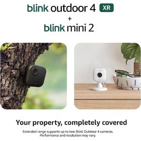Blink Outdoor 4 XR + Mini 2 — Wireless and plug-in security cameras, motion detection, extended range. Sync Module XR included — 1 camera system + Mini 2 (White)