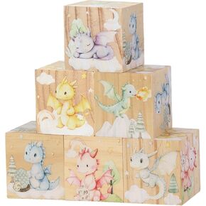 6 Pcs Nursery Decor Blocks, Wooden Nursery Decor for Boys, Wooden Shelf Decor Bedroom Playroom Decor for Kids Birthday Baby Shower Table Decorations Gifts (Dinosaur)