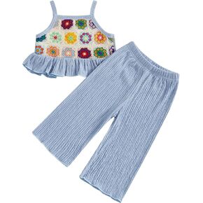 Emmababy Toddler Girl Crochet Outfit Crochet Floral Crop Top Sleeveless Camisole Ruffle Top and Pant Set Baby Summer Clothes