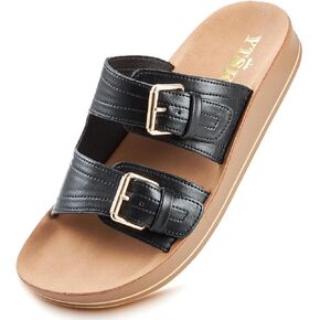 Leather Flat Sandals Beach Essentials Womens Sandals with Adjustable Buckle Memory Foam Vacation Slides for Women Footwear