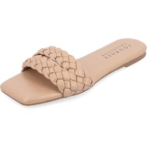 Journee Braided Open Square Toe Banded Flat Slip On Padded Sawyerr Casual Fashion Woven Slide Sandals