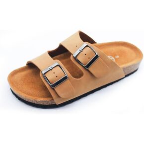 Women's Adjustable Double Buckle Brown Slide Sandal, Comfortable Cork Footbed Sandals for Men and Women, with arch support