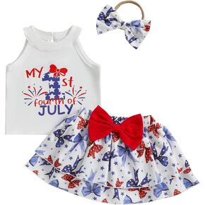 Newborn Infant Baby Girl First 4th Of July Outfit Sleeveless Crew Neck Bow Print Skirt Summer Clothes Set 3 6 9 12M