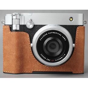LIM'S Genuine Italy Leather Camera Half Case Dovetail Plate Handmade for Fuji Fujifilm GFX100RF Case [Cognac Brown]