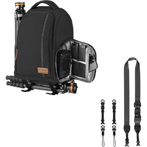 TARION Camera Bag Backpack TB04 Black + 4-in-1 Camera Strap for Photographers: 16inch Laptop Sleeve & Quick Side Access & Large Capacity Photography Backpack Case + Camera Neck Strap
