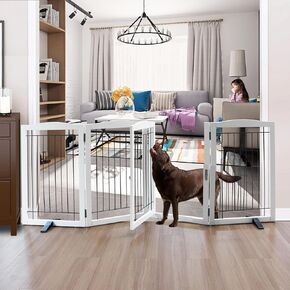 Foldable Freestanding Dog gate with Door Indoor, Wooden White Pet Gate for Doorway, Stairs, House, or Room, Dog Fence with Support Feet Included,24" Height, 4 Panels