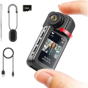 128GB FHD 1080P Mini Rotate Body Camera, Wearable Action Body Cam, Thumb Size Hands Free Recording Body Worn Camera, Portable Camcorder Mount Anywhere for Work, Travel, Sport (Black)