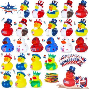 12 Pcs Patriotic Rubber Ducks with Tags,12 Designs Red White Blue 4th of July Ducks,Independence Day Ducks for Party Favors Baby Bath Toys Kids Classroom Exchange Gifts Jeep Ducking