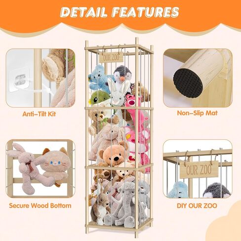 Stuffed Animal Storage, Wood Stuffed Animal Zoo Storage, 54 inch Large Plushy Organizers, Space Save Vertical Stuffed Animals Holder Holds 50+ Stuffed Animals for Nursery Playroom Bedroom (Log Color) in Saudi Arabia