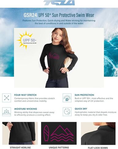 قميص TSLA للفتيات بأكمام طويلة للحماية من الطفح الجلدي، قميص سباحة لركوب الأمواج على الشاطئ بالأشعة فوق البنفسجية/SPF، عامل حماية من الشمس 50+، قمصان سباحة واقية من الشمس in Kuwait