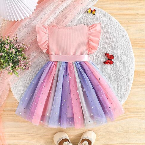 1-5Y Baby Toddler Girl Ruffle Tutu Dress Kids Girl Sleeveless Tulle Dresses Ribbed Tops Stars Skirt Birthday Outfits in Saudi Arabia
