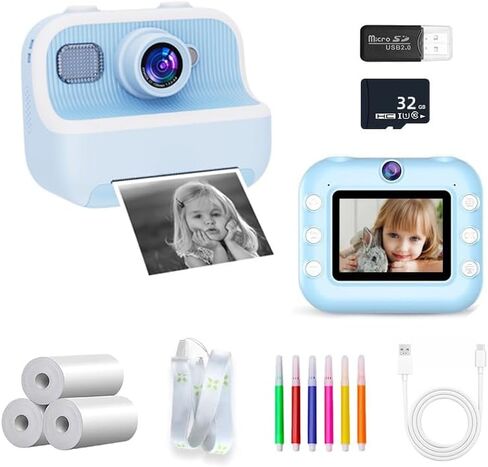 Kids Camera Instant Print, Front Rear Dual Selfie Camera with 1080P Videos, Christmas Birthday Gifts for Girls Age 3-12, with 32G Card in Kuwait