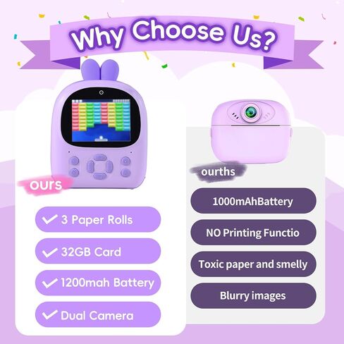 Kids Camera Instant Print - 48MP HD Digital Camera with B&W Photo Printing, 16X Zoom, 32GB Card, Games & MP3 Player for Girls & Boys Ages 3-12 (Purple) in Saudi Arabia