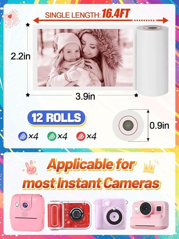 12 Rolls Kids Camera Paper Roll Revill - تطوير اللون الأزرق الأخضر الأحمر ، طابعة صور كاميرا فورية حرارية لـ 4 5 6 7 8 9 in Kuwait