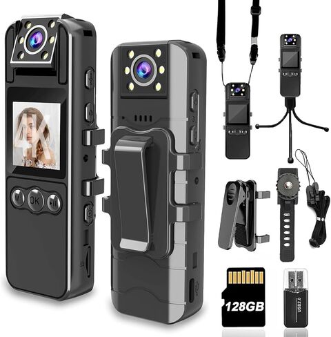 Body Camera with Audio and Video Recording, Unltra 4K Body Cam with 180° Rotating Lens, IR Cut Auto Night Vision, 6HR Battery, 128GB Body Worn Camcorder Personal Police (128G 4K Pixel) in Saudi Arabia