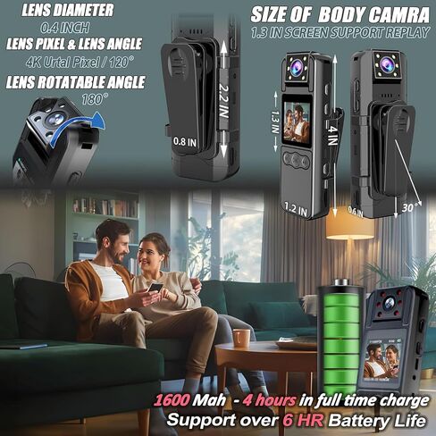 Body Camera with Audio and Video Recording, Unltra 4K Body Cam with 180° Rotating Lens, IR Cut Auto Night Vision, 6HR Battery, 128GB Body Worn Camcorder Personal Police (128G 4K Pixel) in Saudi Arabia