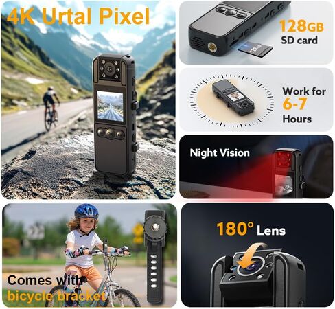 Body Camera with Audio and Video Recording, Unltra 4K Body Cam with 180° Rotating Lens, IR Cut Auto Night Vision, 6HR Battery, 128GB Body Worn Camcorder Personal Police (128G 4K Pixel) in Saudi Arabia