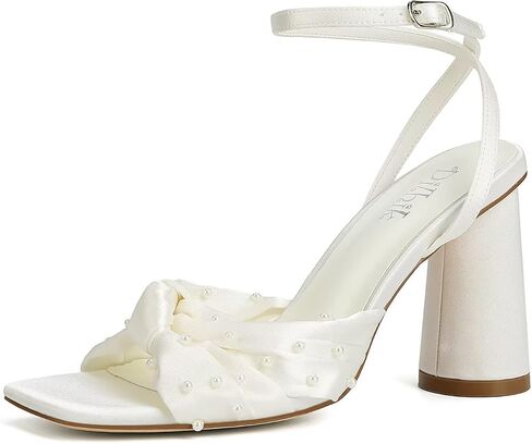 Pearl Wedding Shoes for Bride Block Heel Bridal Shoes Open Toe Wedding Heels Bow Knot Heeled Sandals in Saudi Arabia