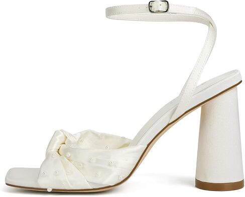 Pearl Wedding Shoes for Bride Block Heel Bridal Shoes Open Toe Wedding Heels Bow Knot Heeled Sandals in Saudi Arabia