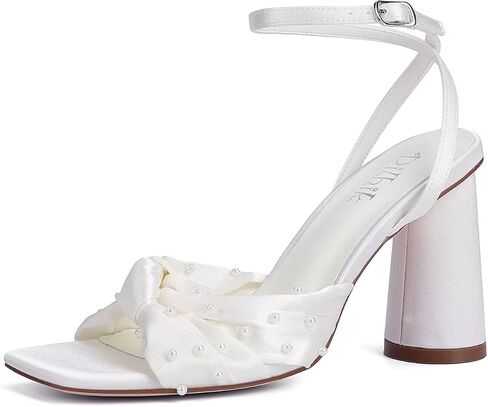 Pearl Wedding Shoes for Bride Block Heel Bridal Shoes Open Toe Wedding Heels Bow Knot Heeled Sandals in Saudi Arabia