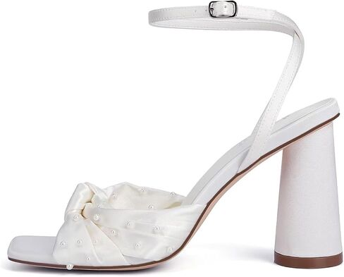 Pearl Wedding Shoes for Bride Block Heel Bridal Shoes Open Toe Wedding Heels Bow Knot Heeled Sandals in Saudi Arabia