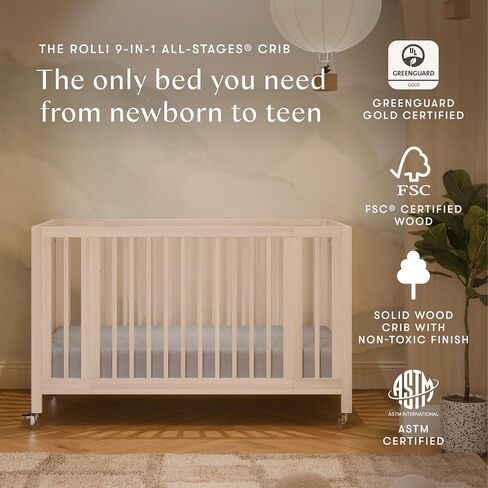 Babyletto Rolli 9 -in -1 سرير أطفال قابل للتحويل مع عجلات - يشمل مجموعات التحويل لل bassinet ، سرير قياسي ، سرير صغير ، سرير نهاري وسرير صغار - Greenguard Gold - 3 ارتفاعات قابلة للتعديل ، طبيعية مغسولة in Kuwait