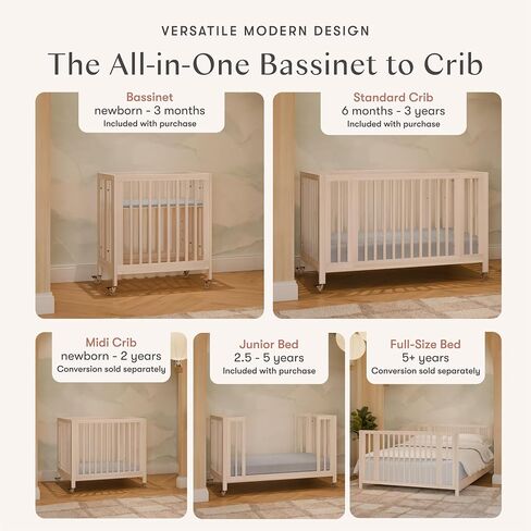 Babyletto Rolli 9 -in -1 سرير أطفال قابل للتحويل مع عجلات - يشمل مجموعات التحويل لل bassinet ، سرير قياسي ، سرير صغير ، سرير نهاري وسرير صغار - Greenguard Gold - 3 ارتفاعات قابلة للتعديل ، طبيعية مغسولة in Kuwait