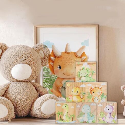 6 Pcs Nursery Decor Blocks, Wooden Nursery Decor for Boys, Wooden Shelf Decor Bedroom Playroom Decor for Kids Birthday Baby Shower Table Decorations Gifts (Dinosaur) in Kuwait