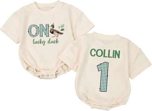 Personalized One Lucky Duck Birthday Outfit, 1st Birthday Boy Bubble Romper, First Bday Outfit Boy in Saudi Arabia