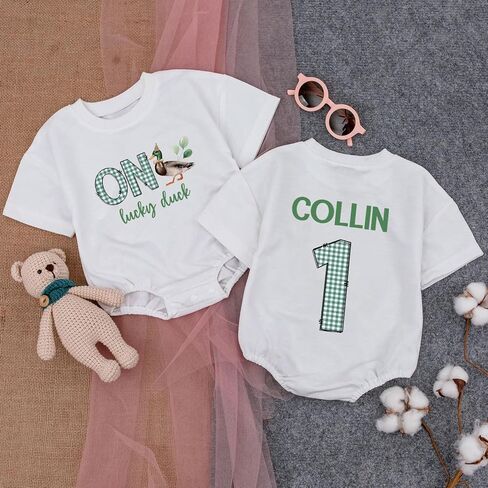 Personalized One Lucky Duck Birthday Outfit, 1st Birthday Boy Bubble Romper, First Bday Outfit Boy in Saudi Arabia