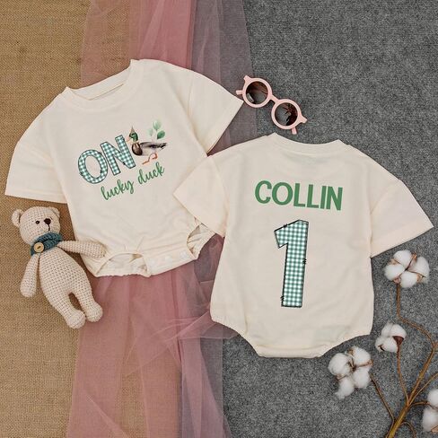 Personalized One Lucky Duck Birthday Outfit, 1st Birthday Boy Bubble Romper, First Bday Outfit Boy in Saudi Arabia