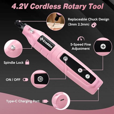 Cordless Rotary Tool,5 Speed Rotary Tool Kit With 71 Accessories,USB Charging,Multi-Purpose 4.2v Power Rotary Tools Easy Accessory Changes - Sanding, Polishing, Engraving and Cutting Pink in Saudi Arabia