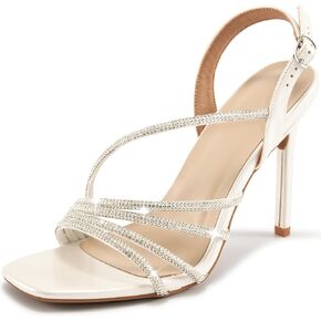 HARENCE Heels for Women Stilettos Sandals: Square Open Toe Strappy High Heeled Ankle Strap Rhinestone Dress Shoes for Wedding Prom Party Bridesmaid in Kuwait