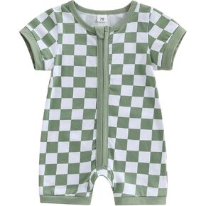 Newborn Baby Boy Girl Clothes Checkered Plaid Short Sleeve Zipper Romper Jumpsuit One Piece Bodysuit Summer Outfit
