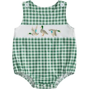 Hunting Duck Baby Boy Clothes Mallard Duck Embroidery Plaid Overalls Romper Sleeveless Bodysuit Infant Summer Outfit
