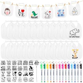 MAYIT 59 Pcs DIY Baby Bibs Decorating Kit Includes 25 Bibs 20 Stencils 14 Fabric Markers for Baby Shower Games Boys Girls Gender Reveal Party