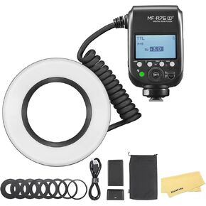 Godox MF-R76S+ TTL Micro Ring Flash for Sony, CCT 5900K±200K 550 Full-Power, 76Ws HSS 0.1-1s Recycle Time Dual-Flash Tubes Speedlight for Sony Caremas, with 8X Adapter Rings