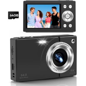 Digital Camera, 4K Vlogging Camera with Autofocus, 64MP, 16X Zoom, 64GB Card Included, Built-in Battery, Small Digital Camera for Teen Adult Beginners, Ideal for Travel & YouTube - Black