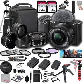 Sony ZV-E10 Mirrorless Camera with 16-50mm Lens, 128GB Memory,.43 Wide Angle & 2X Lenses, Case. Tripod, Filters, Hood, Grip,Spare Battery & Charger, Video & Photo Editing Software Kit -Deluxe Bundle