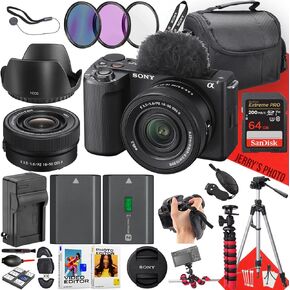 Sony ZV-E10 II Mirrorless Camera with 16-50mm Lens + 64 GB Memory + Spider Tripod + Camera Case + Tripod + Card Reader + Extra Battery + More (24pc Bundle)