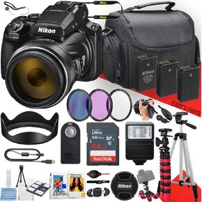 Nikon COOLPIX P1100 Digital Camera with NIKKOR 24-3000mm Lens + 64GB Memory + 2PC Extra Battery + Remote Control + Filters + Slave Flash + Tripod + More (28pc Bundle)