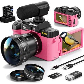 4K Digital Cameras for Photography, 48 MP Vlogging Camera for YouTube with 180° Flip Screen,16X Digital Zoom,Flash & Autofocus,52mm Wide Angle & Macro Lens,2 Batteries,32GB SD Card