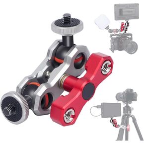 Dual Ball Head Camera Mount with 360 Degree Adjustment - Aluminum Alloy Clamp for Insta360/GoPr0/Camera Cage/LED Light/Microphone - 1/4" & 3/8" Screw Holes with Anti-Slip Design 61013
