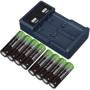 18650 Rechargeable Battery Set Including 6pcs 3.7v 9900mAh Flat Top Batteries and 1 Charger for Flashlights Headlamps Toys Cameras