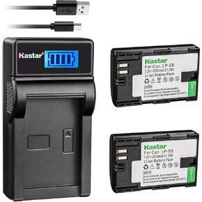 Kastar Battery (X2) + LCD Slim USB Charger لـ Canon LP-E6 LP-E6N ، EOS 60D 60DA EOS 70D XC10 EOS 5D MARK II 5D MARK III 5D MARK IV ، EOS 5DS R ، EOS 6D 7D MARK II ، BG-E14 BG-E13