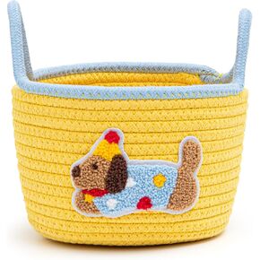 Cute Dog Toy Storage Basket with Handle, Soft Woven Cotton Rope Storage Basket, 12.6 x 8.3in Baby Shower Basket Organizer for Towels, Blanket, Toys, Clothes, Gifts