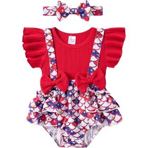 UNICOMIDEA 0-18 Months Baby Girls Clothes 4th of July Infant Romper Ruffle Sleeve Newborn Outfits with Headband